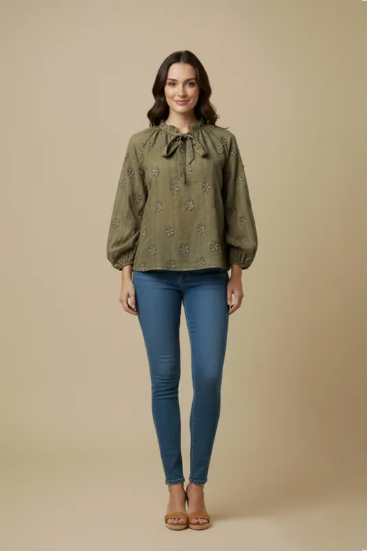 Womens Floral Embroidered Washed Tie Detail Top sold by Hayden