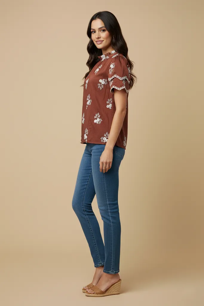 Womens Floral Embroidered Scallop Sleeve Top sold by Hayden product image thumbnail 3