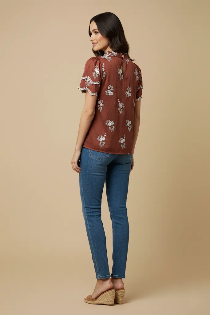 Womens Floral Embroidered Scallop Sleeve Top sold by Hayden product image thumbnail 4