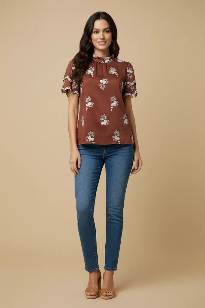 Womens Floral Embroidered Scallop Sleeve Top sold by Hayden