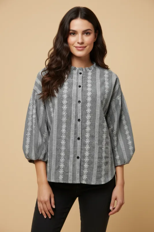 Womens Embroidered Eyelet Ruffled Neck Top sold by Hayden