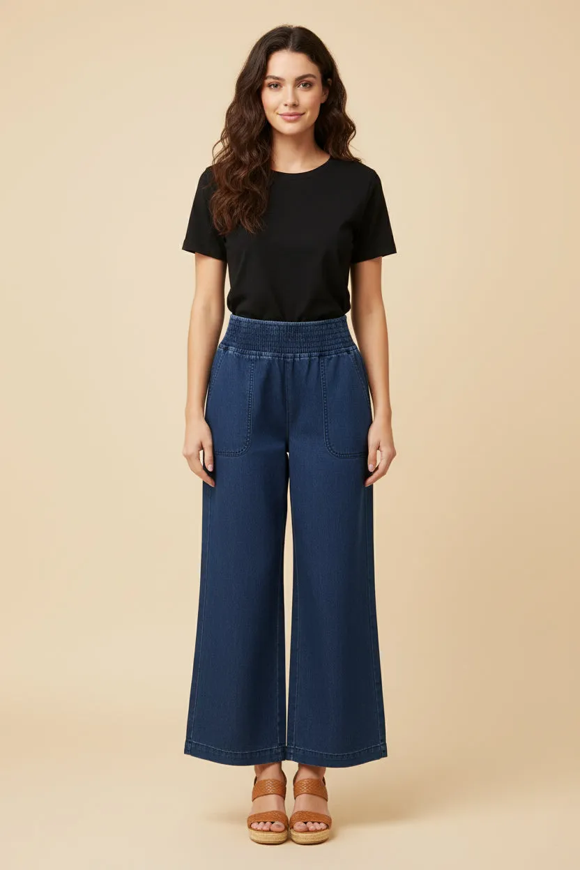 Womens Smocked Waist Straight Leg Denim Pants sold by Hayden