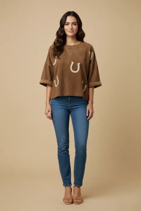 Womens Horseshoe Patched Drop Shoulder Suede T Shirt sold by Hayden