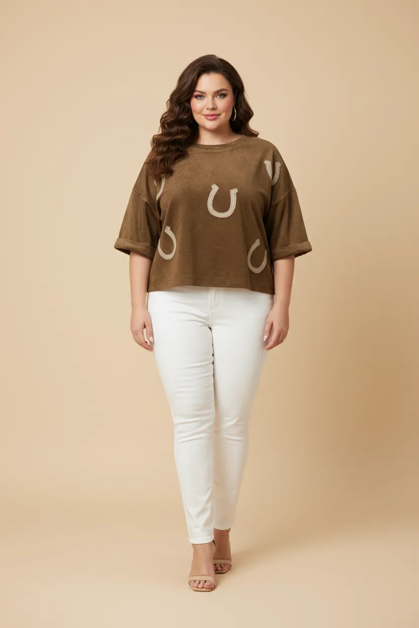 Womens Horseshoe Patched Drop Shoulder Suede T Shirt sold by Hayden product image thumbnail 2