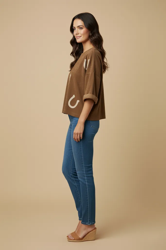 Womens Horseshoe Patched Drop Shoulder Suede T Shirt sold by Hayden product image thumbnail 3