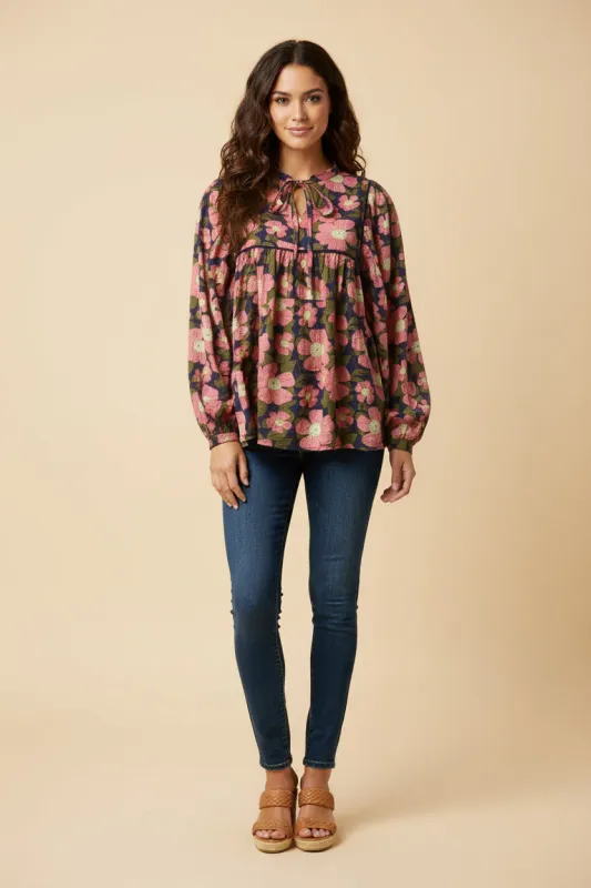 Womens Contrast Piped Tie Neck Floral Top sold by Hayden