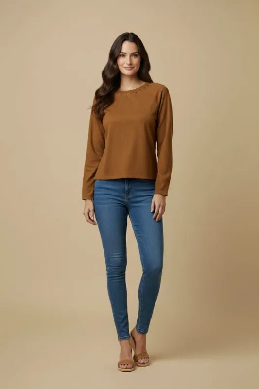 Womens Studded Detailed Long Sleeve Suede T Shirt sold by Hayden