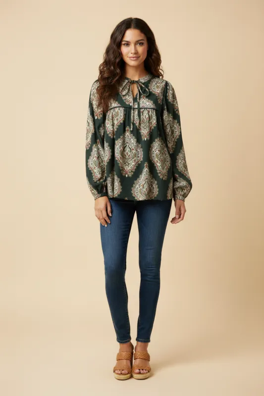 Womens Bold Block Print Tie Neck Top sold by Hayden