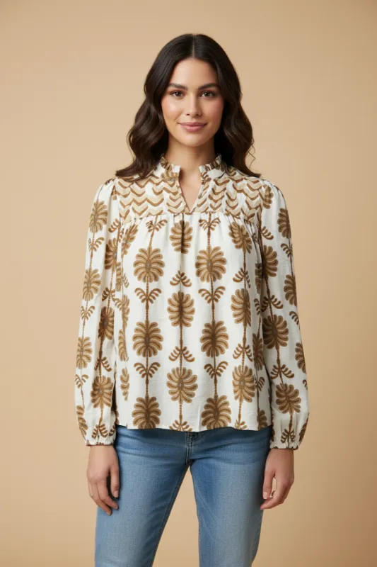 Womens Contrast Yolk Open Collar Long Sleeve Top sold by Hayden