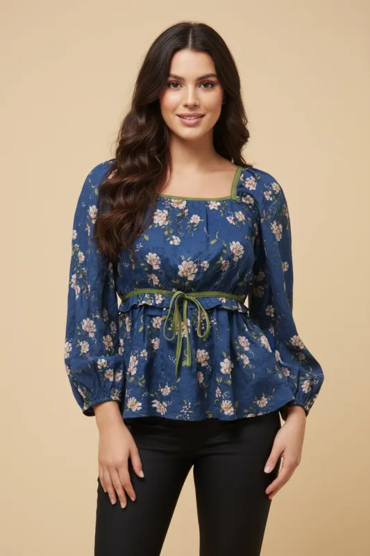 Womens Contrast Piped Textured Floral Peplum Top sold by Hayden