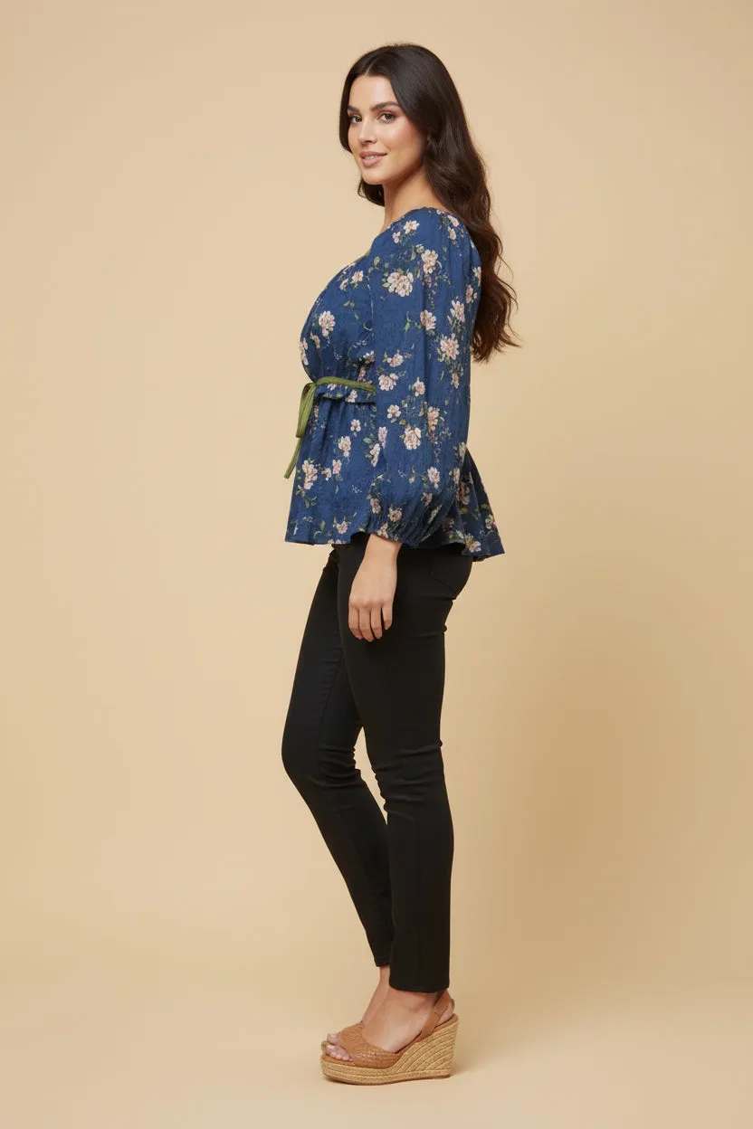 Womens Contrast Piped Textured Floral Peplum Top sold by Hayden product image thumbnail 3