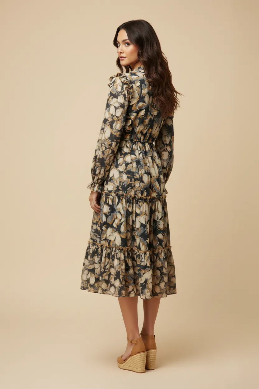 Womens Contrast Piped Ruffle Neck Floral Tiered Dress sold by Hayden product image thumbnail 4