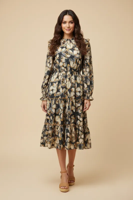 Womens Contrast Piped Ruffle Neck Floral Tiered Dress made by Hayden