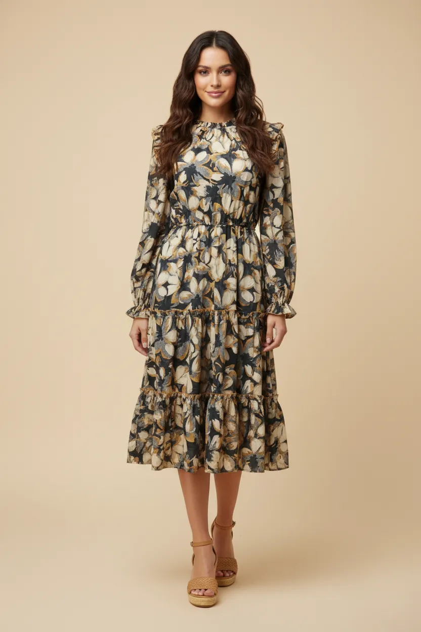 Womens Contrast Piped Ruffle Neck Floral Tiered Dress sold by Hayden