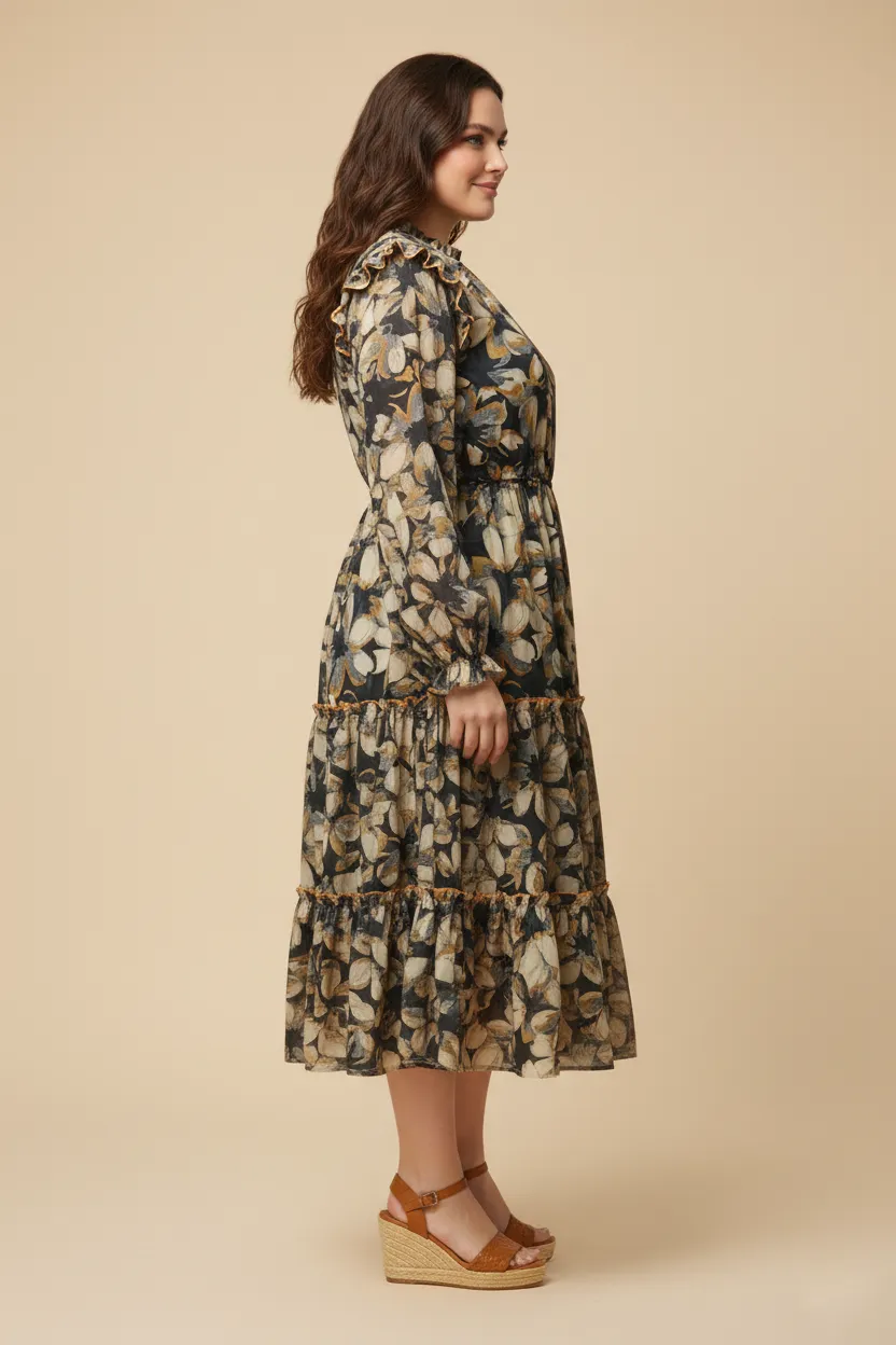 Womens Contrast Piped Ruffle Neck Floral Tiered Dress sold by Hayden product image thumbnail 5