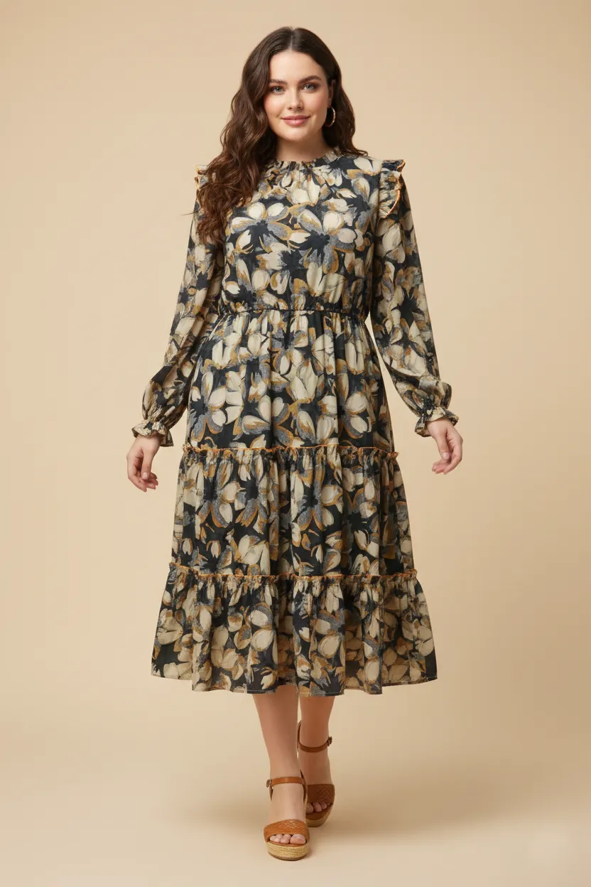 Womens Contrast Piped Ruffle Neck Floral Tiered Dress sold by Hayden product image thumbnail 2