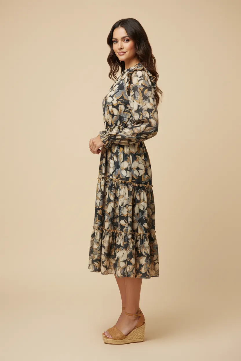Womens Contrast Piped Ruffle Neck Floral Tiered Dress sold by Hayden product image thumbnail 3