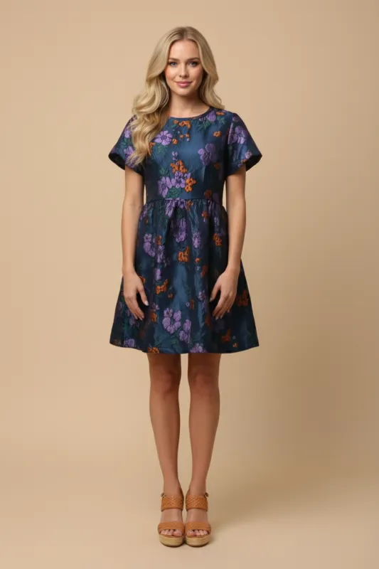 Womens Shimmery Floral Jacquard Short Sleeve Dress made by Hayden