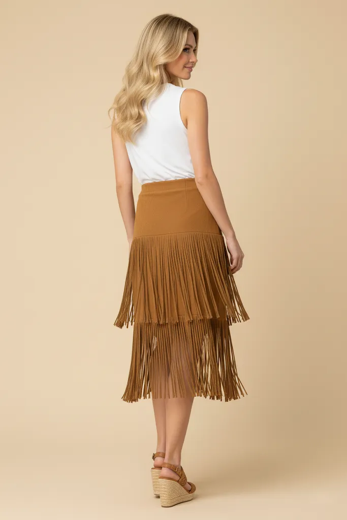 Womens Extended Tiered Fringe Suede Midi Skirt sold by Hayden product image thumbnail 3