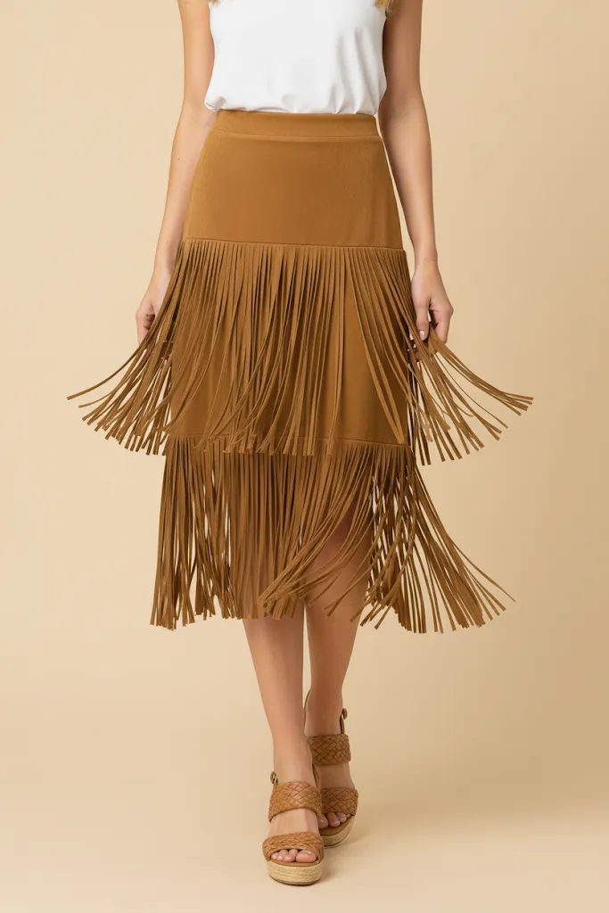 Womens Extended Tiered Fringe Suede Midi Skirt sold by Hayden product image thumbnail 4