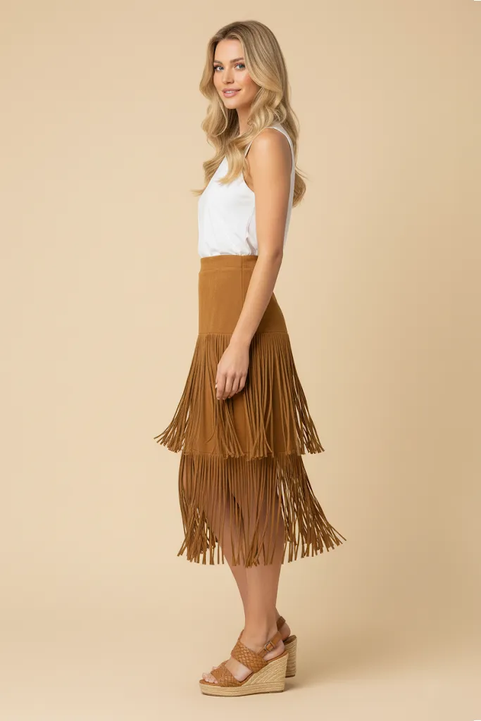 Womens Extended Tiered Fringe Suede Midi Skirt sold by Hayden product image thumbnail 2