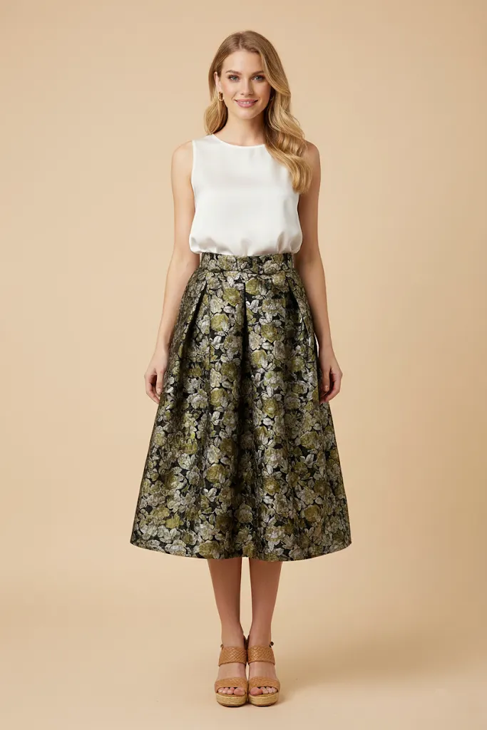 Womens Floral Jacquard Bow Pleated Skirt sold by Hayden