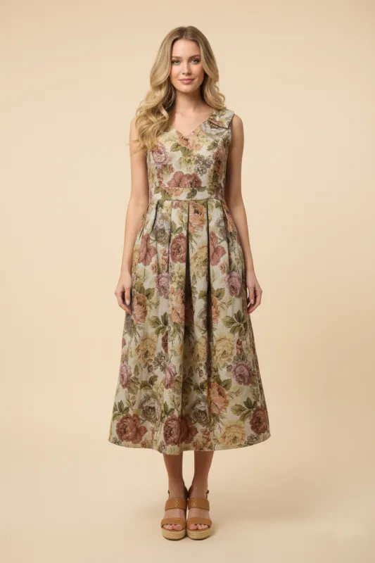 Womens Floral Tapestry Bow Detail Pleated Dress sold by Hayden