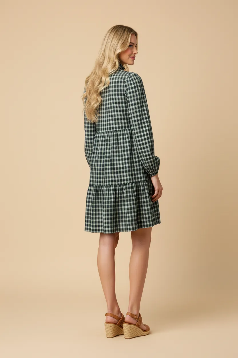 Womens Long Sleeve Ruffle Collar Patterned Check Dress sold by Hayden product image thumbnail 3