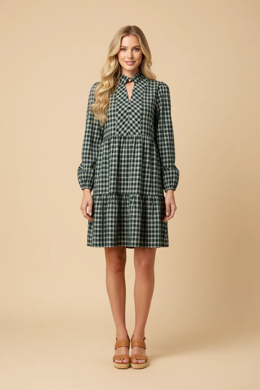 Womens Long Sleeve Ruffle Collar Patterned Check Dress sold by Hayden