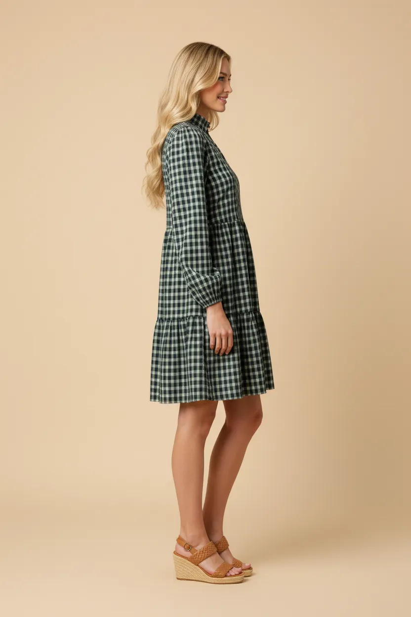Womens Long Sleeve Ruffle Collar Patterned Check Dress sold by Hayden product image thumbnail 2