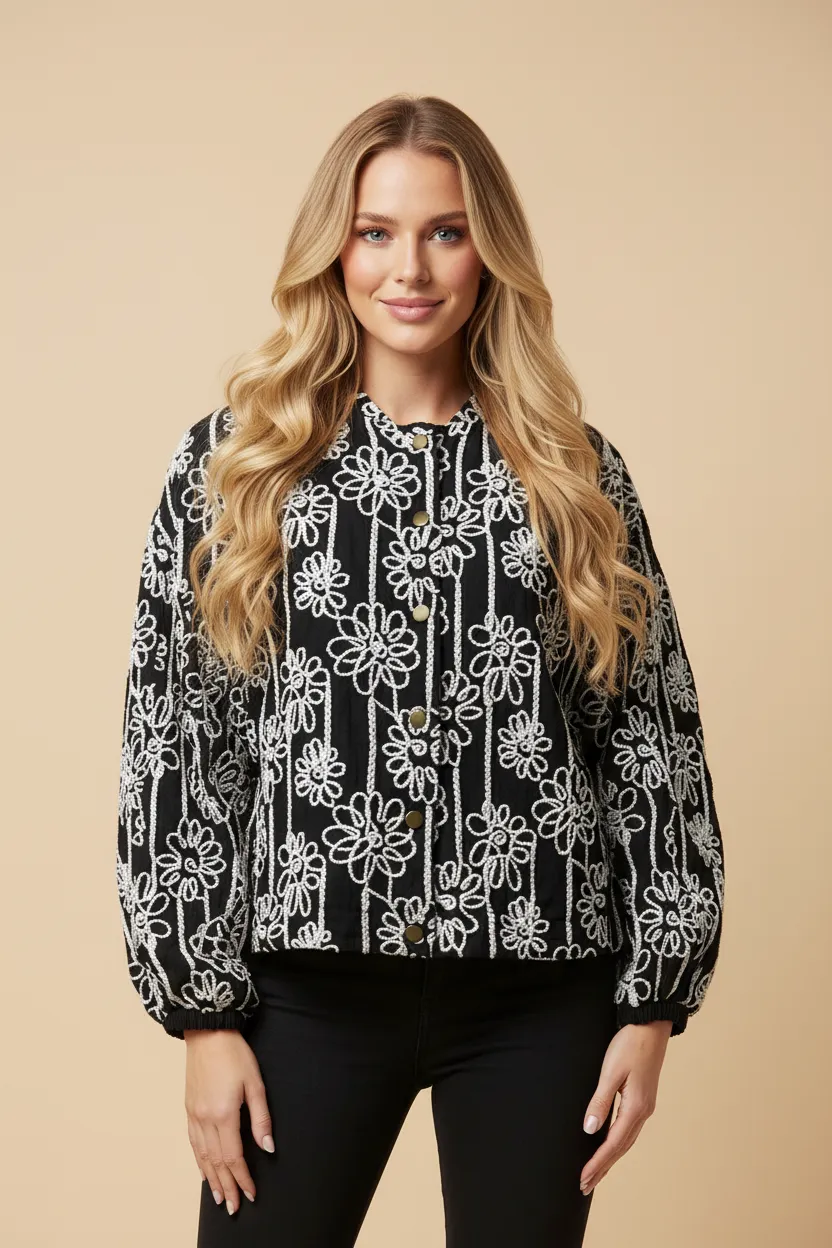 Womens Floral Embroidered Puff Sleeve Jacket sold by Hayden product image thumbnail 4