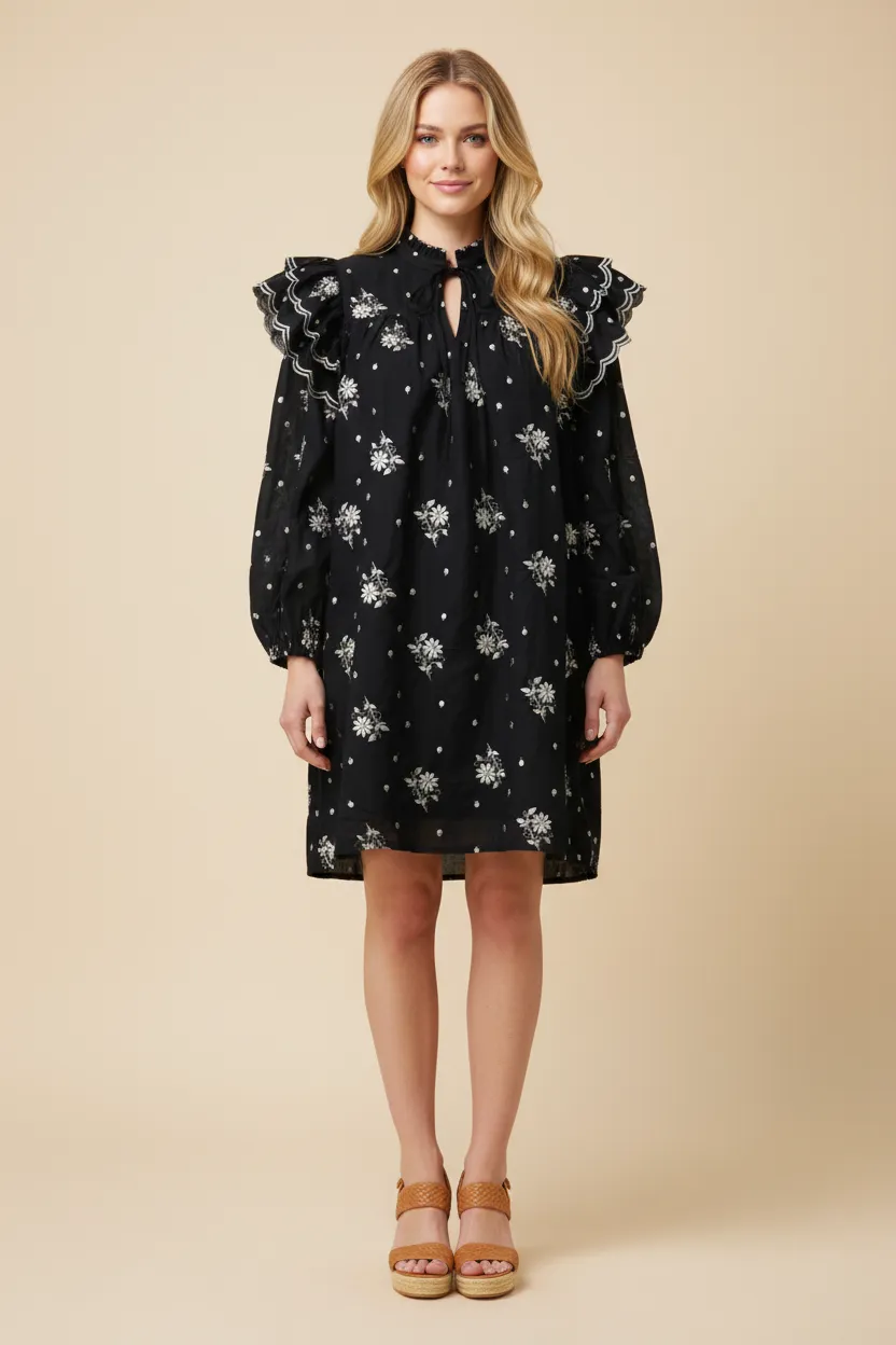 Womens Exaggerated Ruffle Metallic Floral Embroidered Dress sold by Hayden