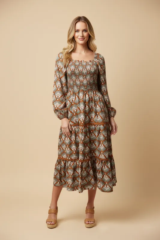 Womens Contrast Lace Detail Block Print Smocked Dress sold by Hayden