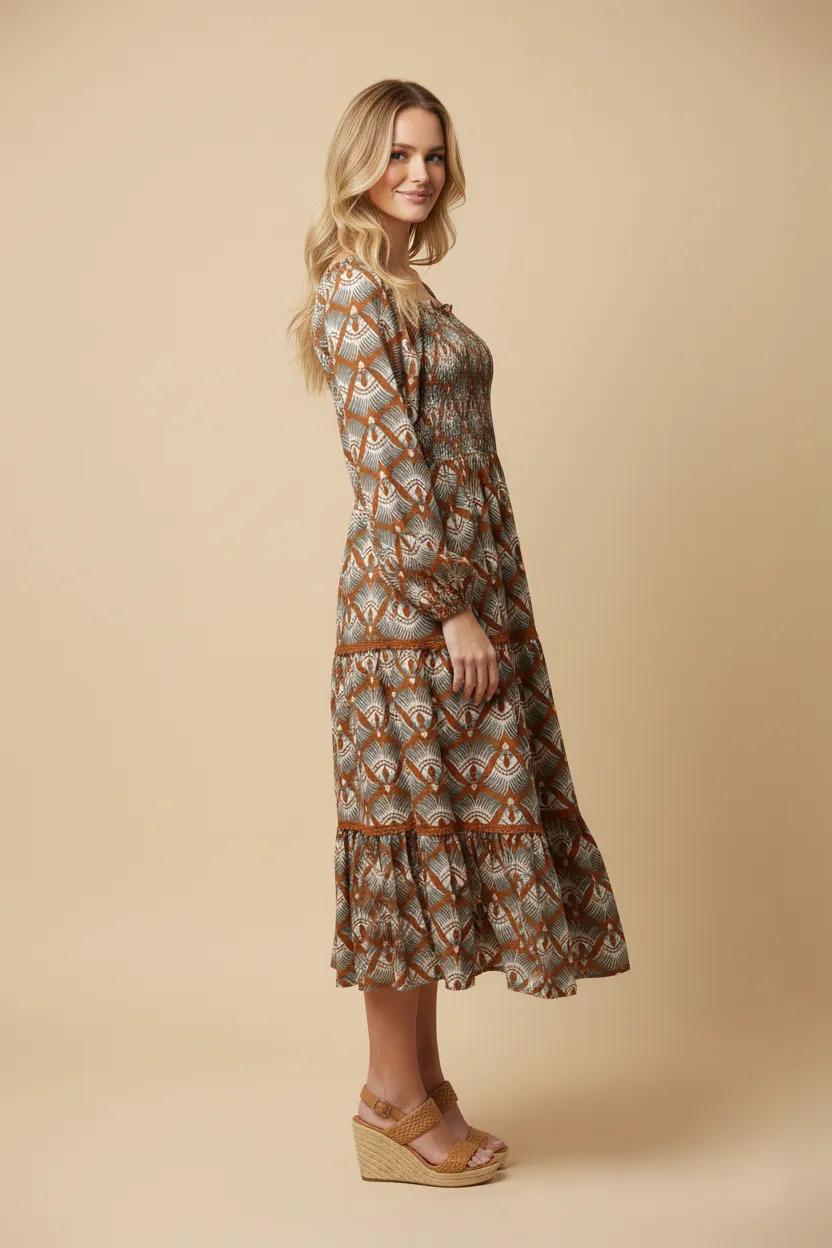 Womens Contrast Lace Detail Block Print Smocked Dress sold by Hayden product image thumbnail 2