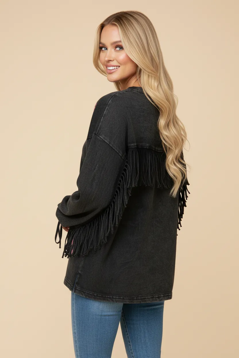 Womens Sequin Patched Washed Long Sleeve Fringed Top sold by Hayden product image thumbnail 3