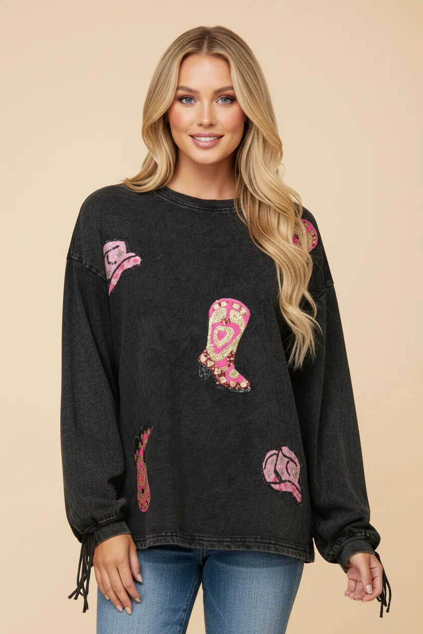 Womens Sequin Patched Washed Long Sleeve Fringed Top sold by Hayden product image thumbnail 4