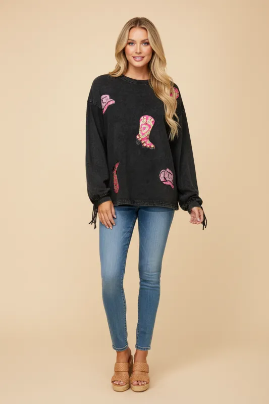 Womens Sequin Patched Washed Long Sleeve Fringed Top sold by Hayden