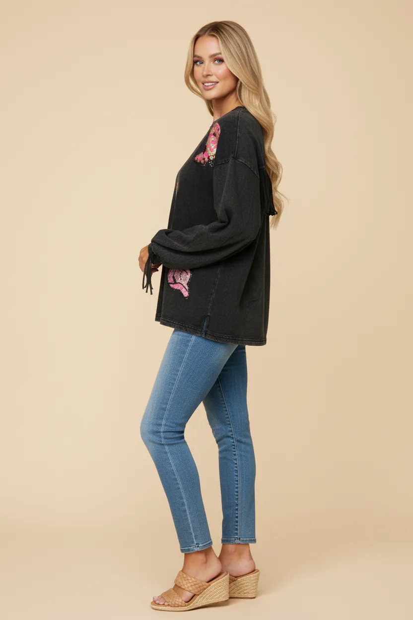 Womens Sequin Patched Washed Long Sleeve Fringed Top sold by Hayden product image thumbnail 2