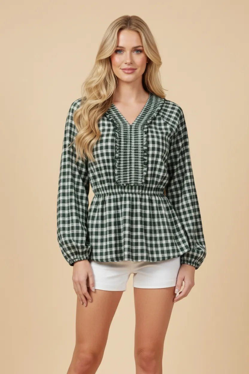 Womens Smocked Neckline Patterned Check Peplum Top sold by Hayden product image thumbnail 4