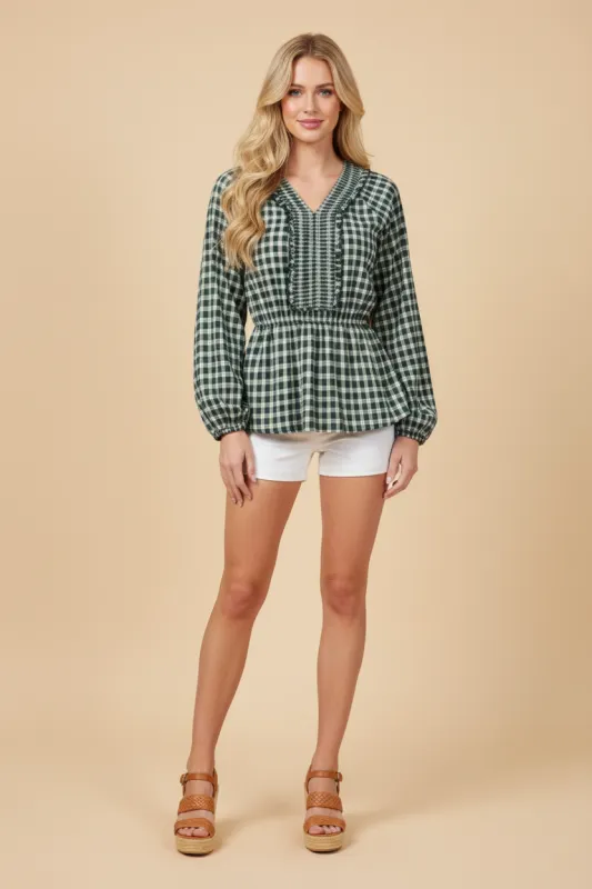 Womens Smocked Neckline Patterned Check Peplum Top sold by Hayden