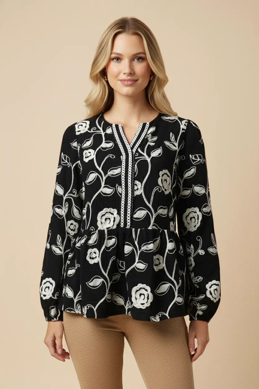 Womens Button Up Embroidered Tape Detailed Neckline Top sold by Hayden product image thumbnail 4