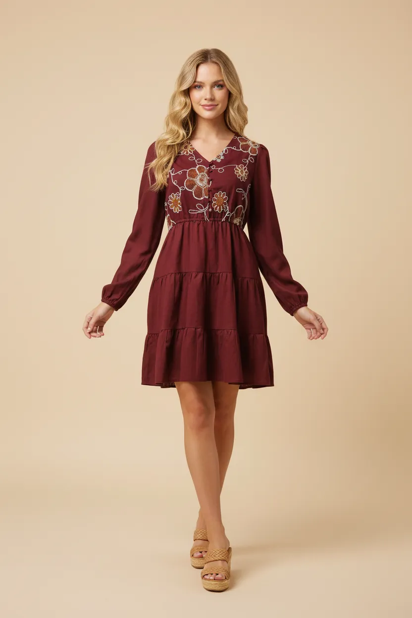 Womens Embroidered Panel Button Detail V Neck Dress sold by Hayden