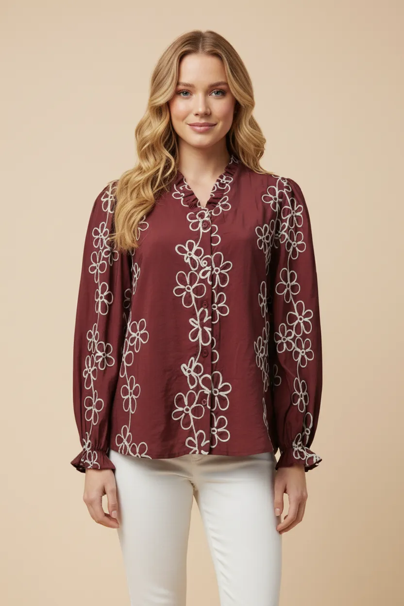 Womens Floral Embroidered Ruffle Detailed Buttoned Blouse sold by Hayden product image thumbnail 4