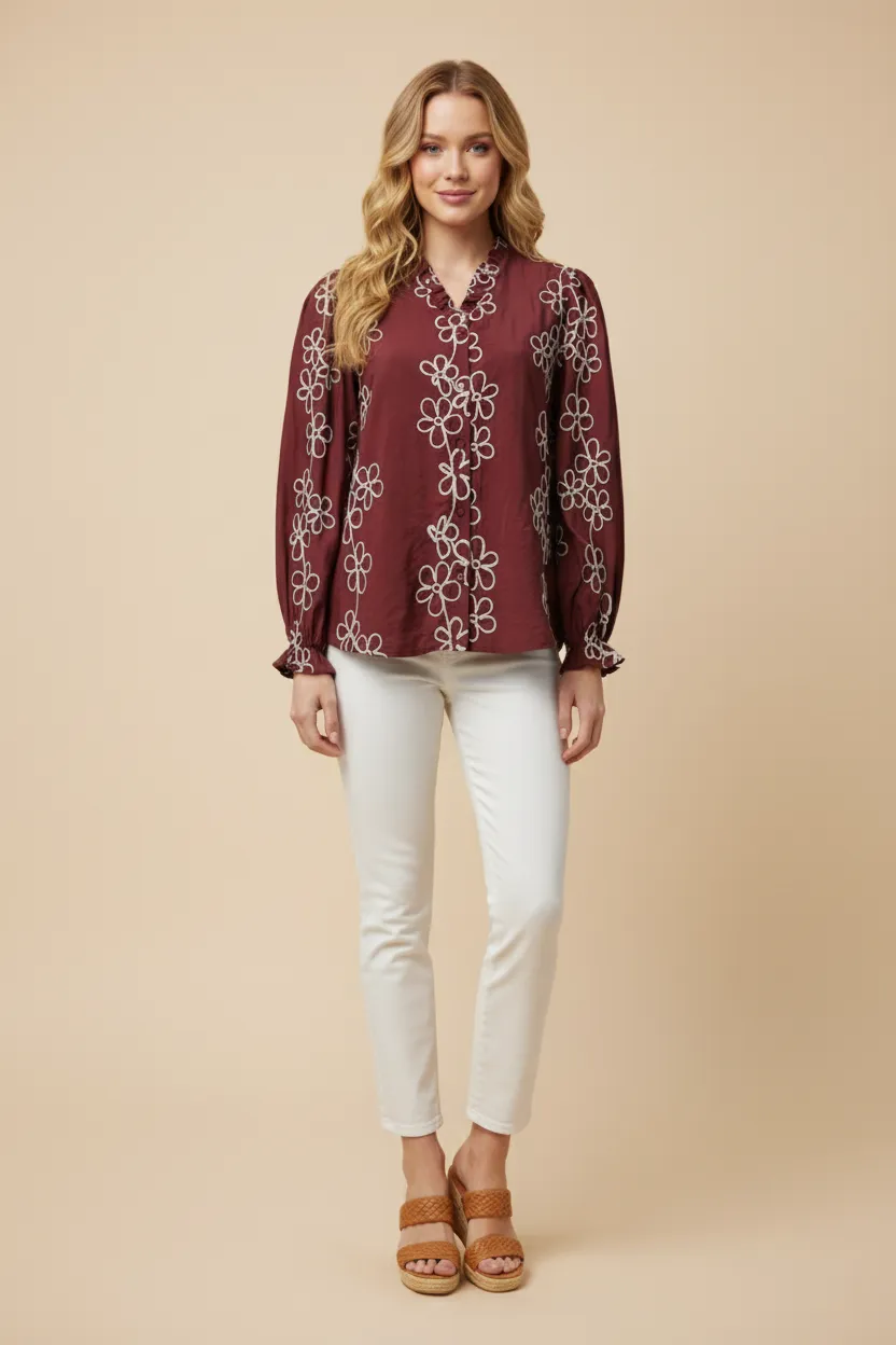Womens Floral Embroidered Ruffle Detailed Buttoned Blouse sold by Hayden
