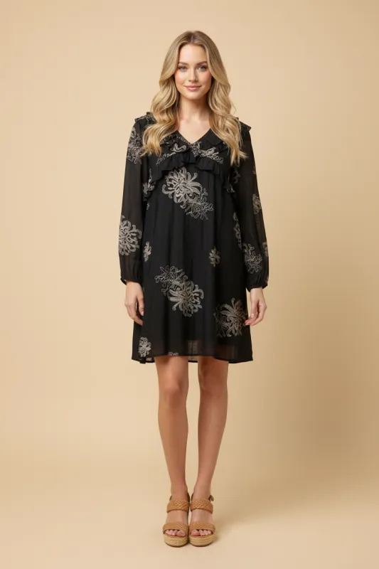 Womens Embroidery Print Ruffle Detail V Neck Dress sold by Hayden