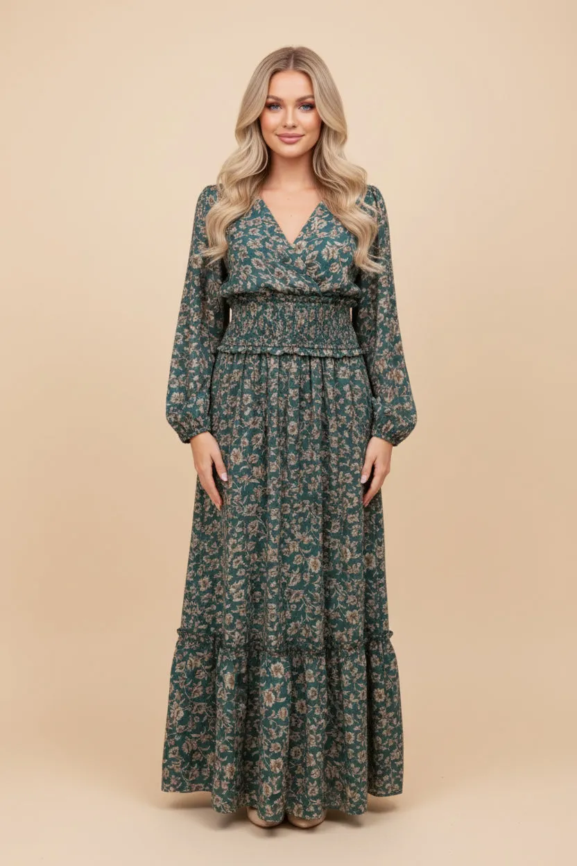 Womens Smocked Waist Floral V Neck Dress sold by Hayden