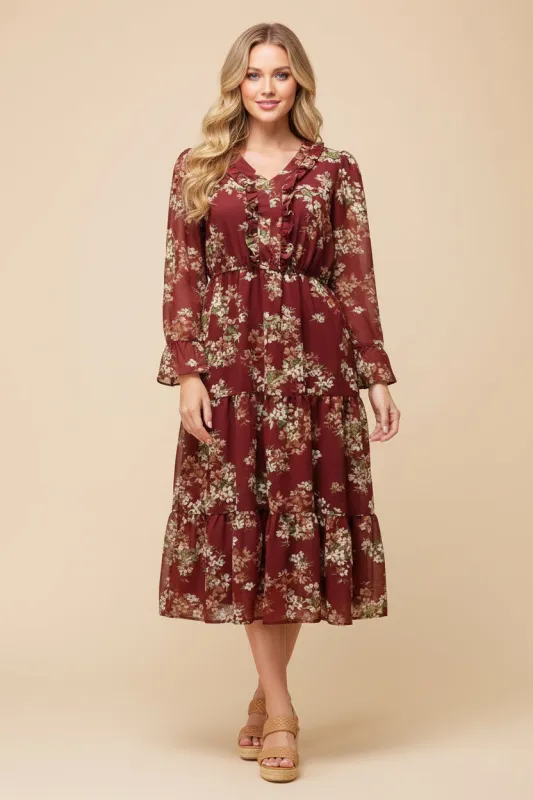 Womens Romantic Floral Ruffled Neckline Dress sold by Hayden