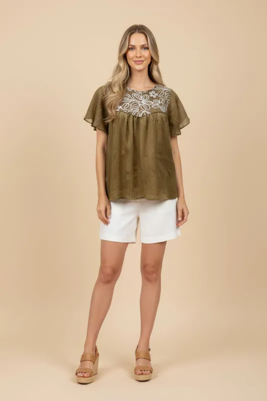 Womens Floral Embroidered Panel Flutter Sleeve Top sold by Hayden
