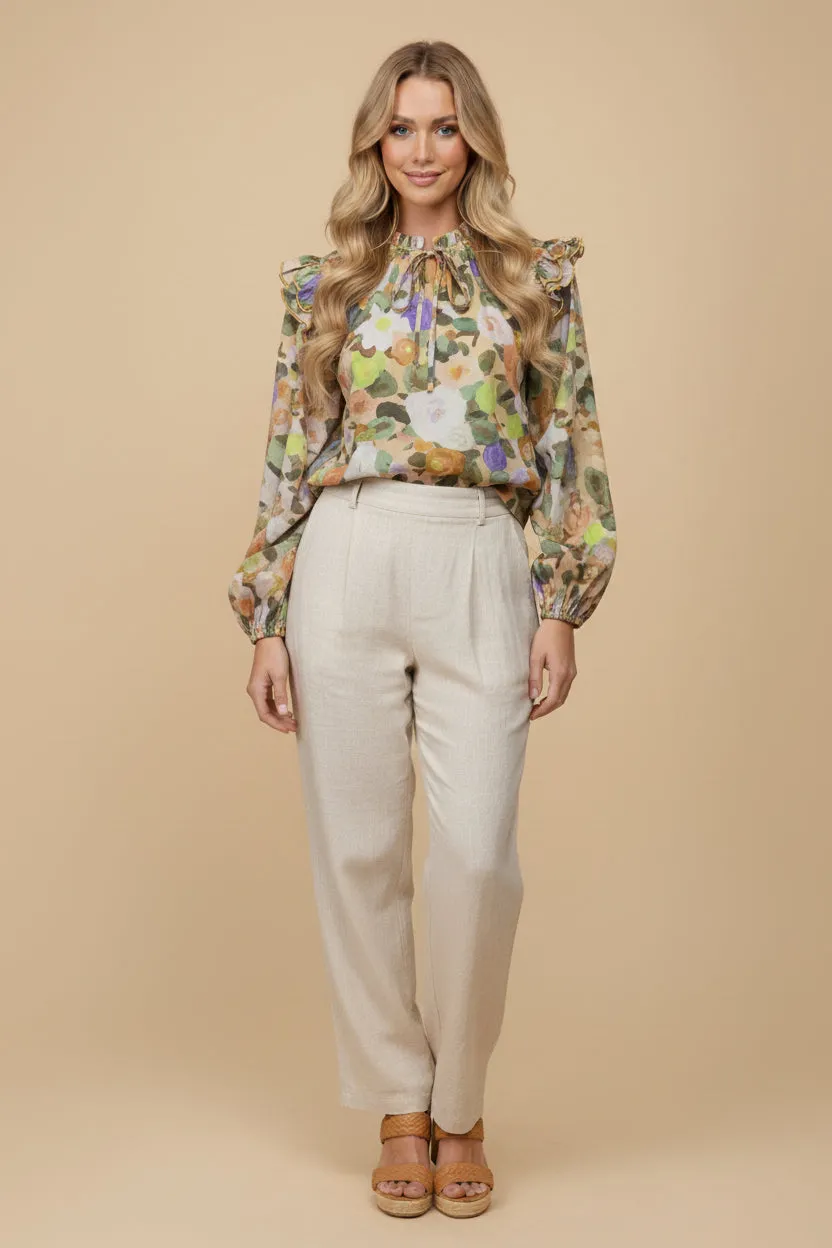 Womens Contrast Piping Ruffled Tie Neck Floral Print Top sold by Hayden