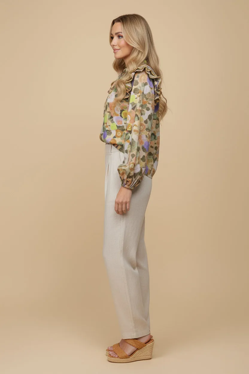 Womens Contrast Piping Ruffled Tie Neck Floral Print Top sold by Hayden product image thumbnail 2